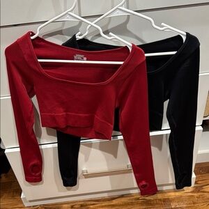 Red and Black Ribbed Long Sleeve Crop Tops